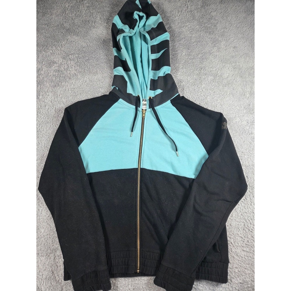 PINK Victoria's Secret Hoodie Large Teal Black Women Colorblock Striped Full Zip